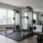 Assembled home gym equipment in a residential workout room