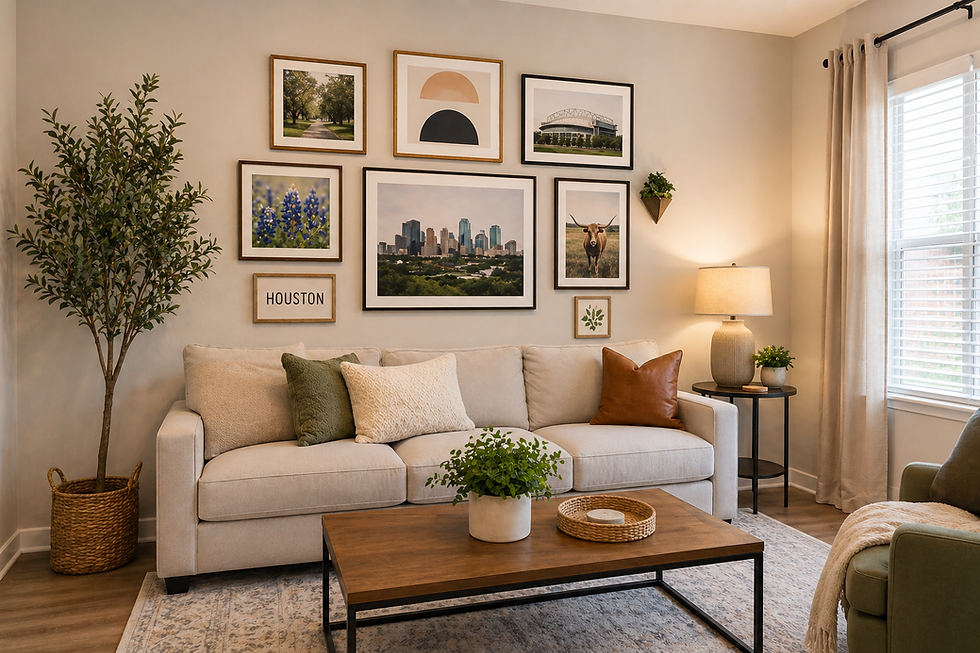 Gallery wall arrangement in Houston short-term rental living room with local artwork, neutral seating, and guest-ready decor.