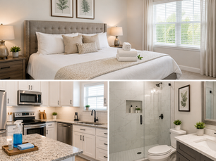 Clean modern Airbnb interior in Houston with serene neutral decor, natural light, and guest-ready home details before check-in