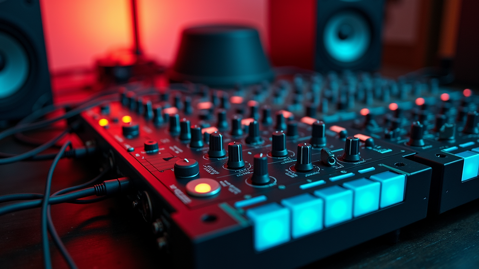 High angle view of a sound system setup with multiple speakers and wiring