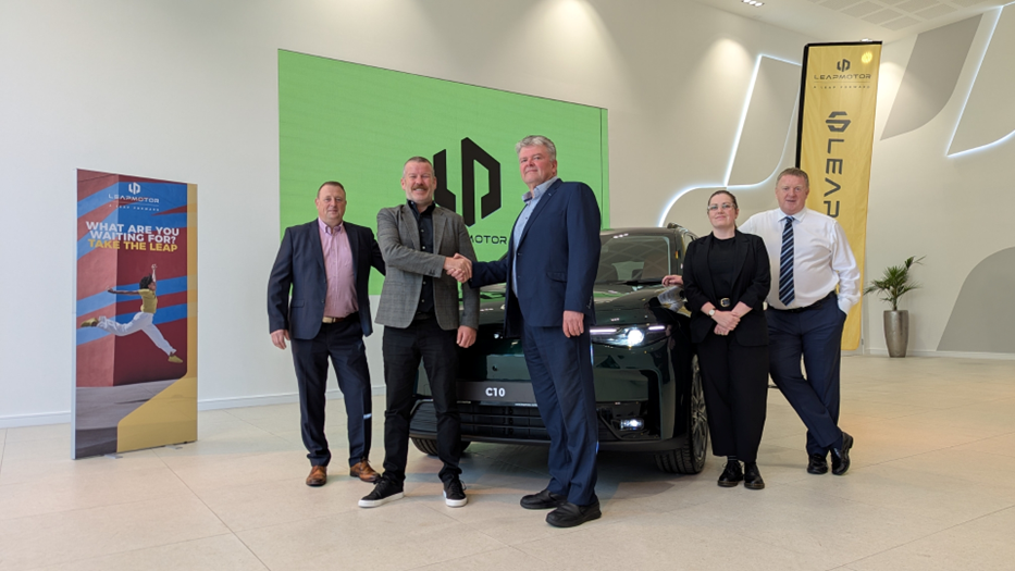 (L-R); Paul Norris (Proprietor, joe Norris Motors), Stephen McGrath (Brand Manager, Leapmotor Ireland), Pieter Van Der Linde (Dealer Principal, Joe Norris Motors), Yvonne Sweeney (Business Development Manager, Leapmotor Ireland), and James Brooks (Managing Director, Leapmotor Ireland).