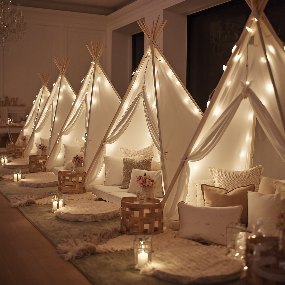 Sleepover teepee tent party setup, multiple white canvas teepees arranged in a row, cozy b