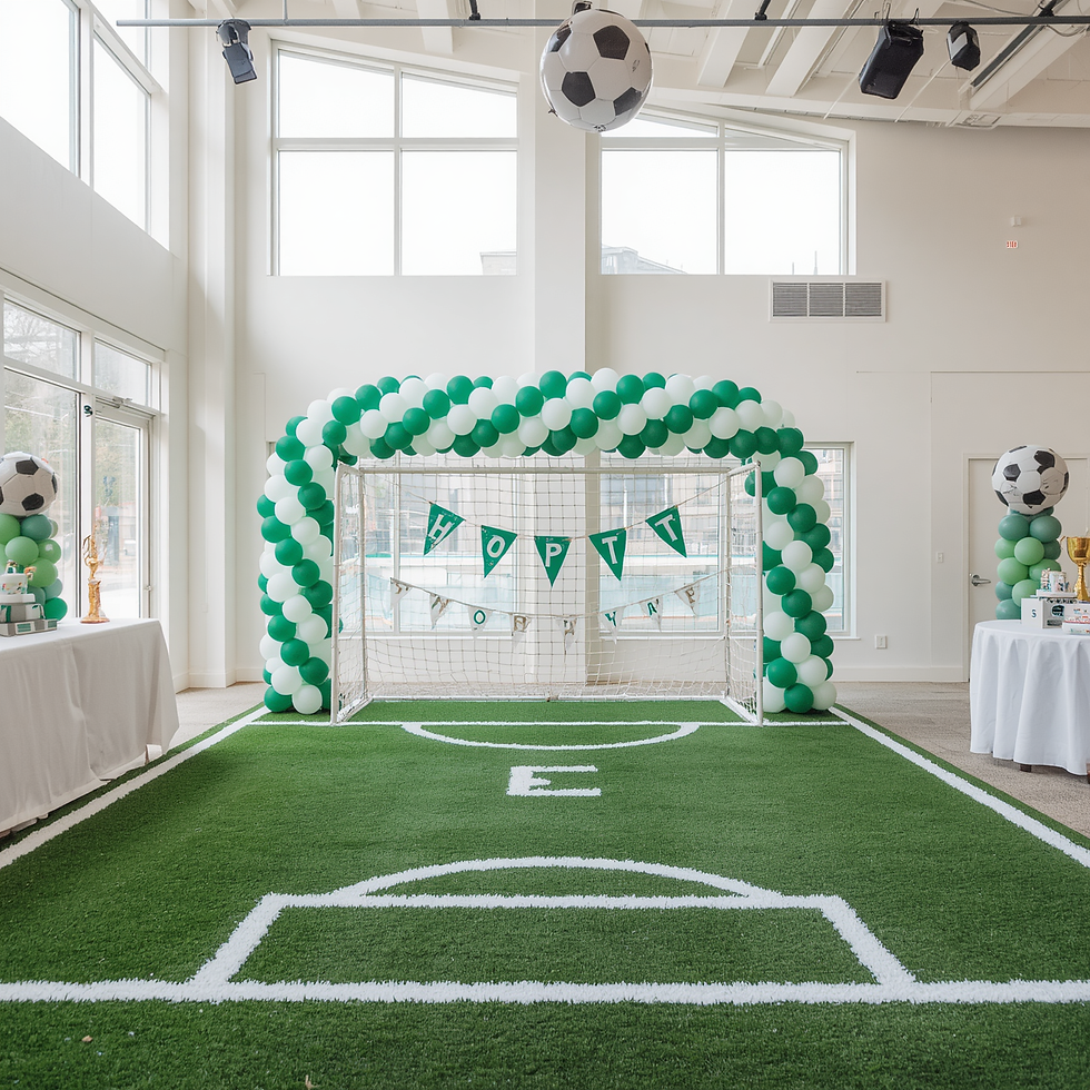 Boys birthday party with football soccer theme in bright modern event space, artificial tu