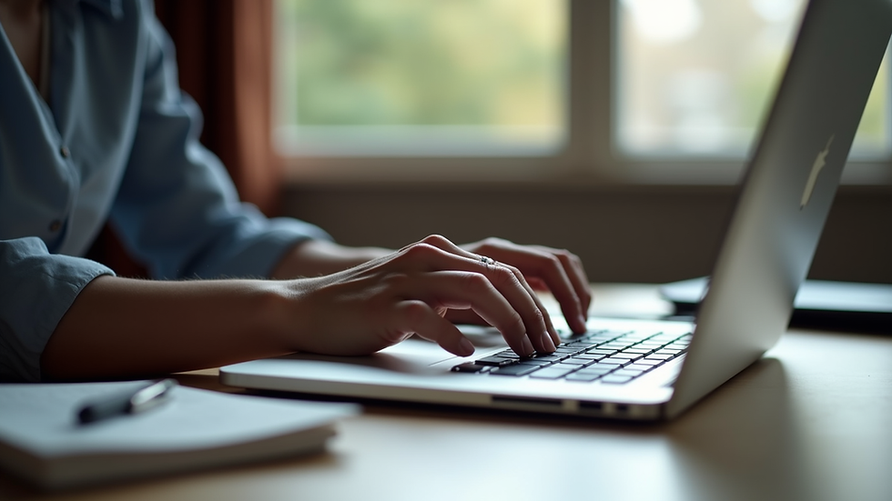 Eye-level view of a person typing on a laptop with a notebook beside