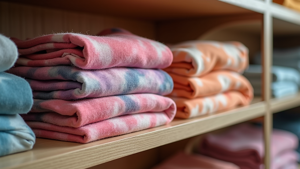 Eye-level view of folded tie-dye mesh leggings on a wooden shelf