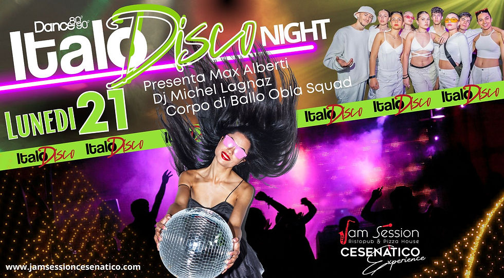 LUNEDI 21 OTTOBRE 𝐈𝐓𝐀𝐋𝐎 𝐃𝐈𝐒𝐂𝐎 𝟖𝟎/𝟗𝟎 Presenta Max Alberti, Dj Michel Lagnaz, Dance Perfomance Obla Squad