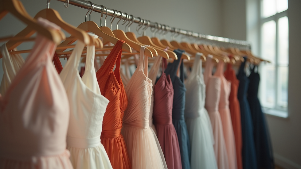 Eye-level view of a clothing rack featuring elegant dresses