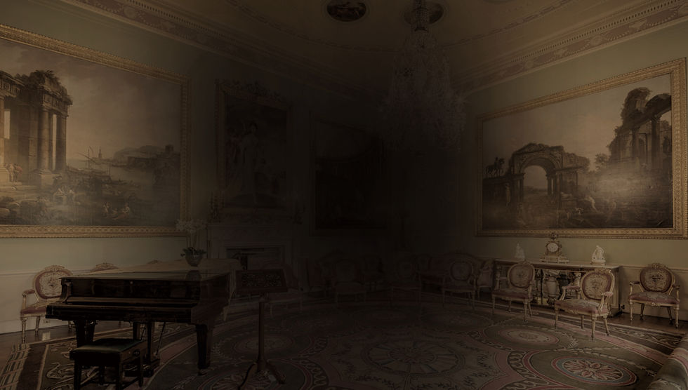 Harewood House music room interior with ornate seating, mirrors and candlelit classical atmosphere