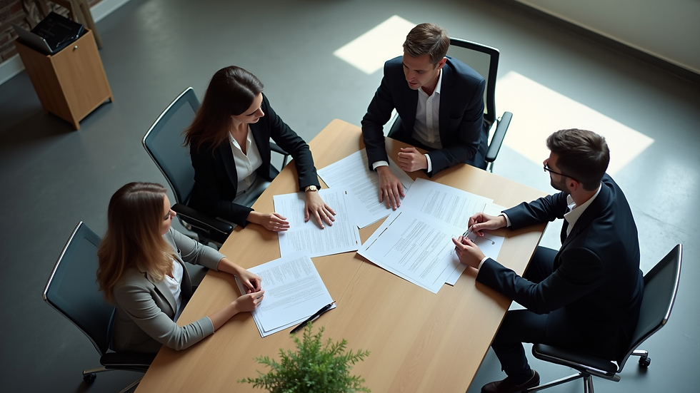 High angle view of a meeting between business partners discussing documents