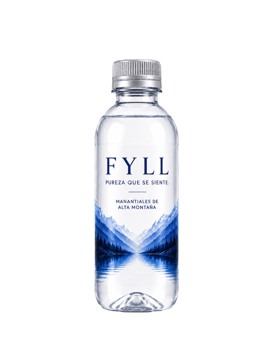 Botella de agua mineral FYLL 250ml con diseño de montañas.