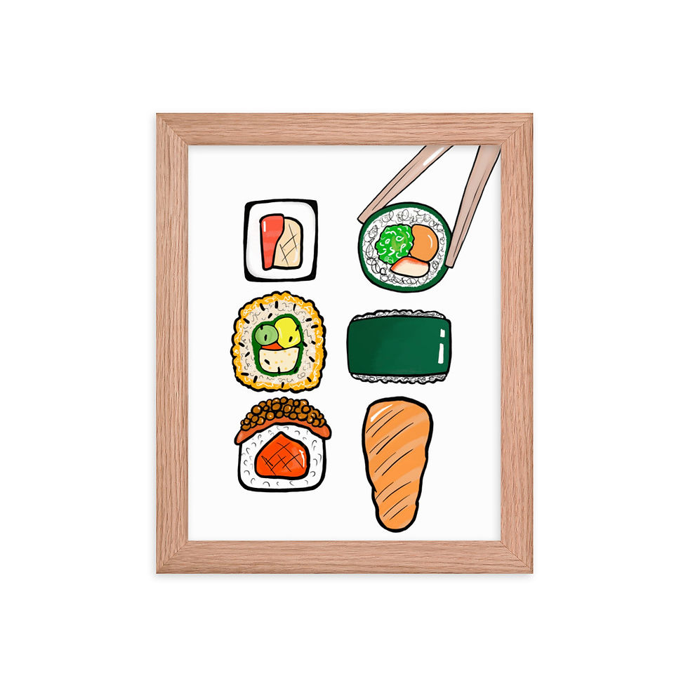 Thumbnail: Red oak wood framed print of sushi and chopsticks illustration wall art, has a white background
