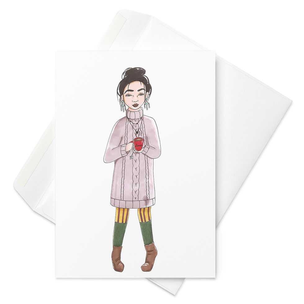 Fall, autumn, winter cozy greeting card of an Asian woman in a grey sweater dress holding a cup of tea