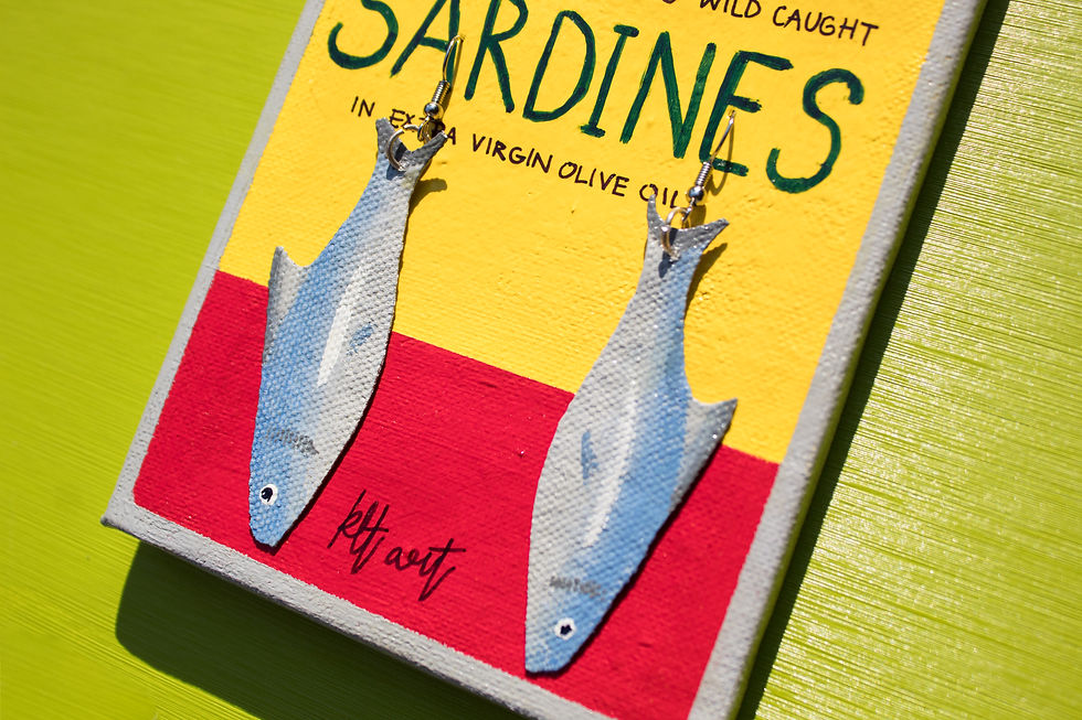 Thumbnail: Handmade colorful kitschy tinned fish earrings of sardines with a unique tin earring display holder
