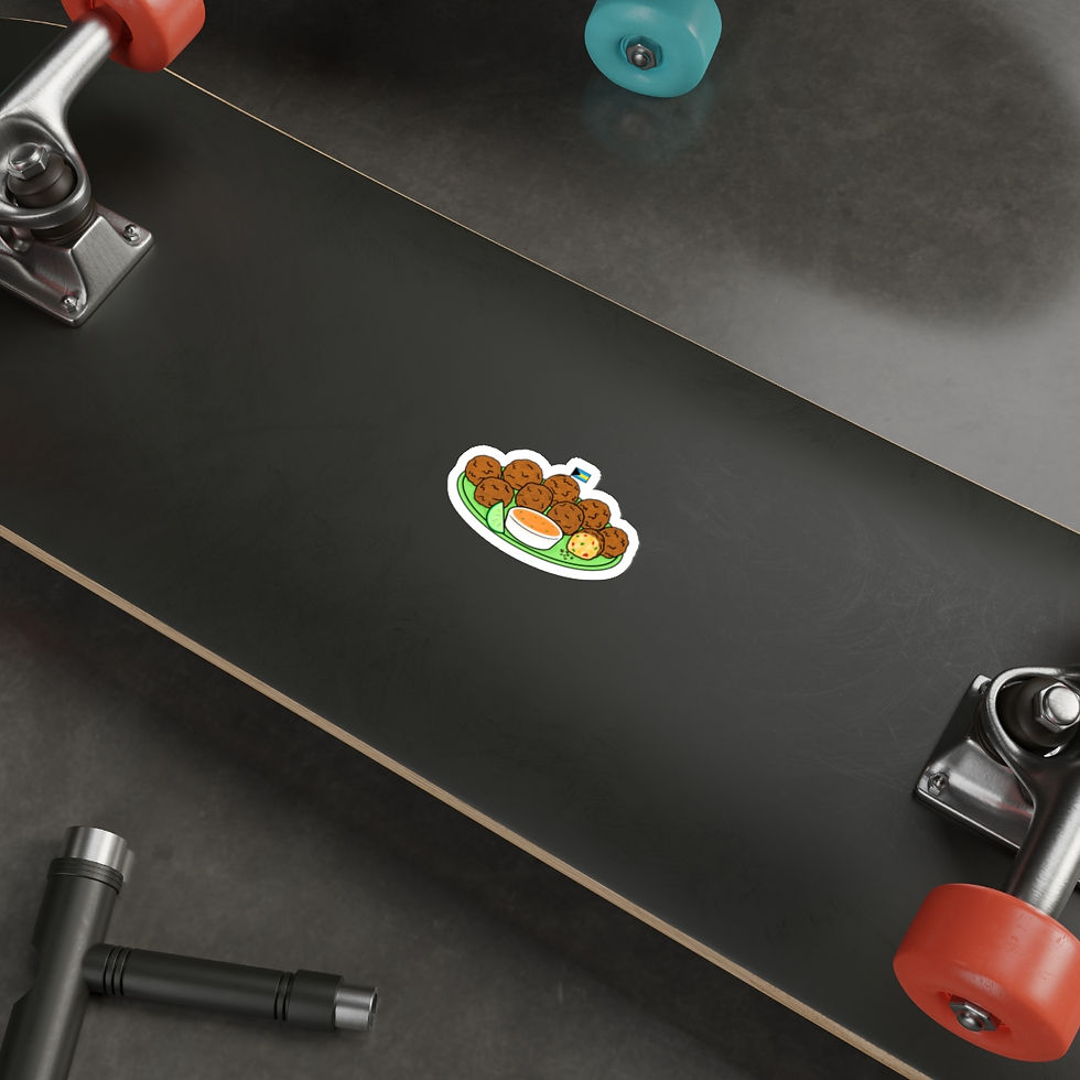 Thumbnail: Water-resistant sticker of Bahamian conch fritters on a plate with a Bahamas flag on a skateboard