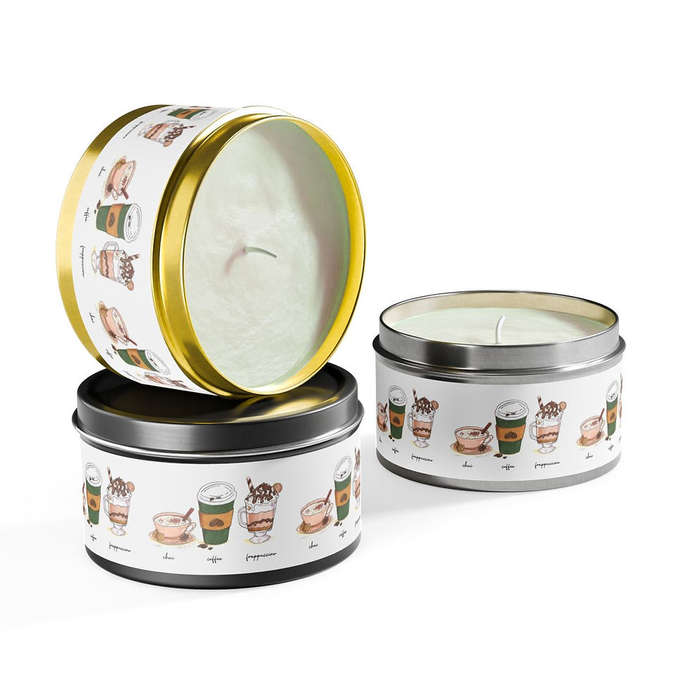 Tin scented soy candles with cappuccino, coffee, and Frappuccino design and theme