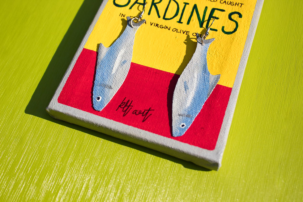 Thumbnail: Handmade colorful kitschy tinned fish earrings of sardines with a unique tin earring display holder