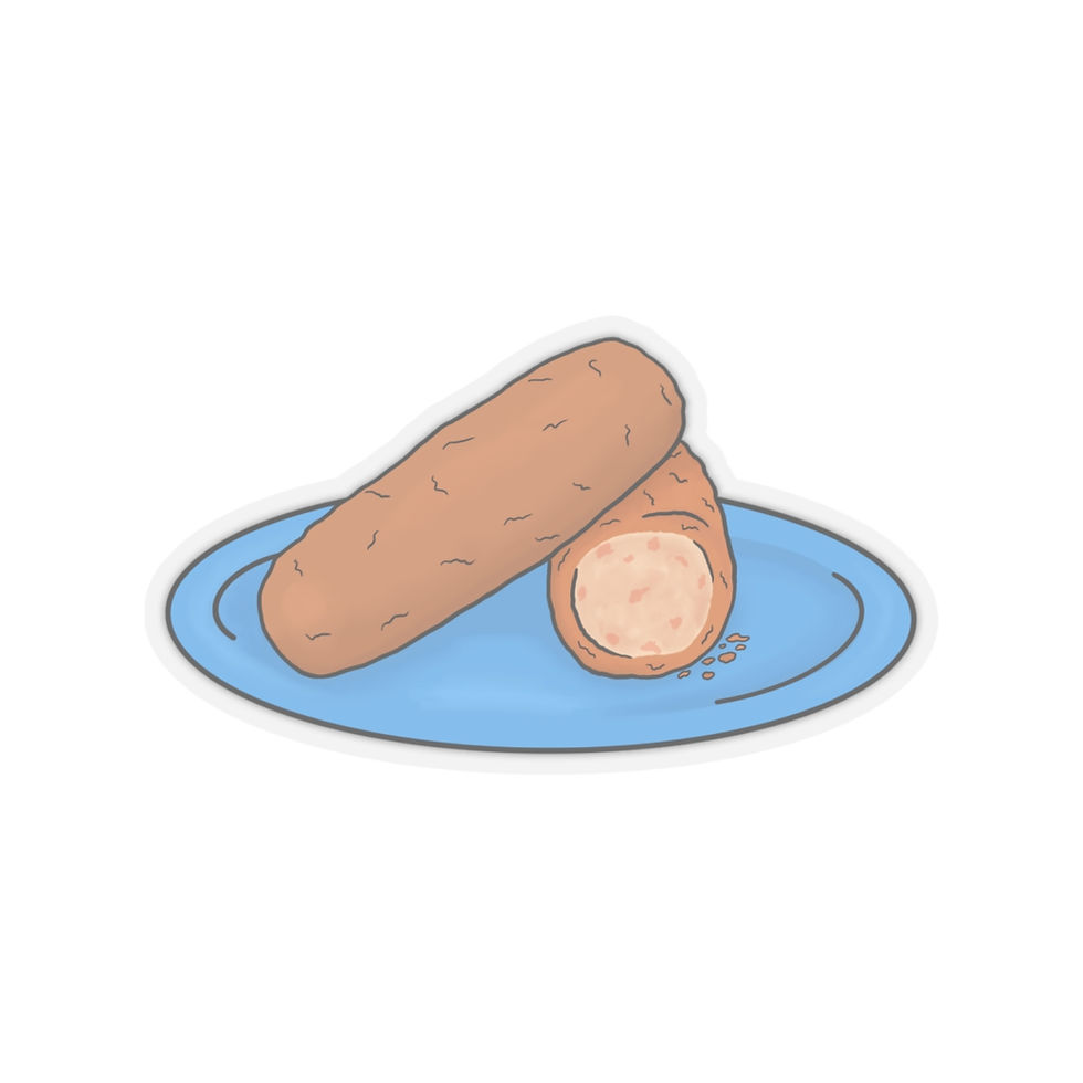 Thumbnail: Transparent kiss-cut sticker of two croquetas on a blue plate. Sticker is non waterproof