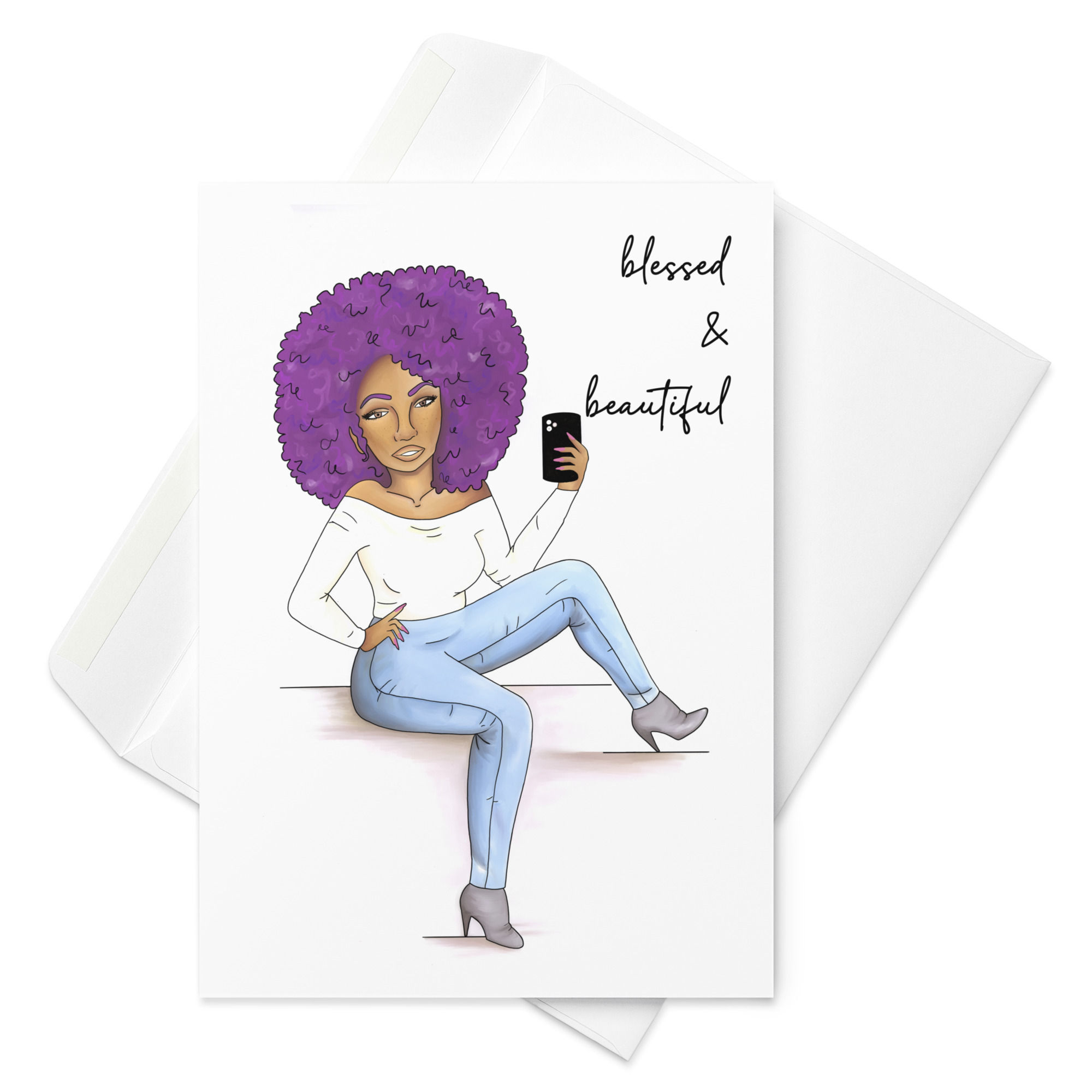 greeting card of brown skinned woman with a curly purple afro taking a selfie with title "blessed & beautiful"