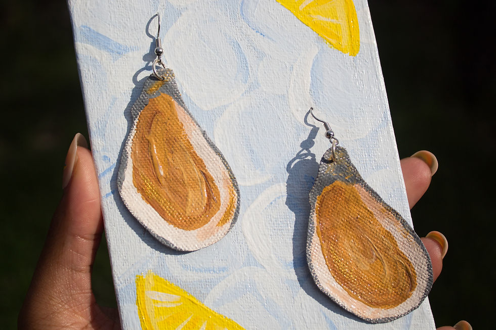 Thumbnail: Oyster seafood shellfish handmade statement earrings on an ice and lemon earring holder