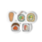 Set of 5 colorful and vibrant sushi Japanese food buttons with a white background