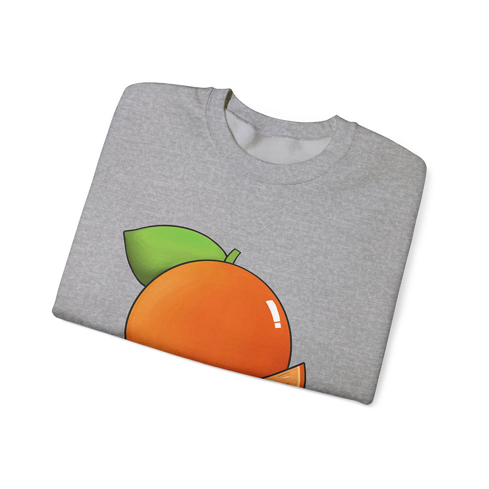 Thumbnail: Folded long sleeved grey unisex sweatshirt with illustration drawing of an orange fruit