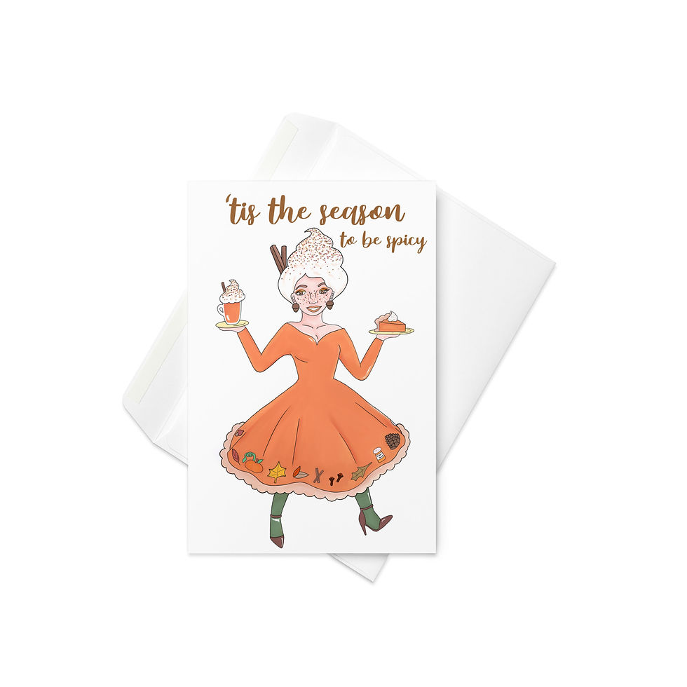 fall greeting card of a woman dressed in a pumpkin spice latte styled dress with whipped cream hair holding a latte and pie