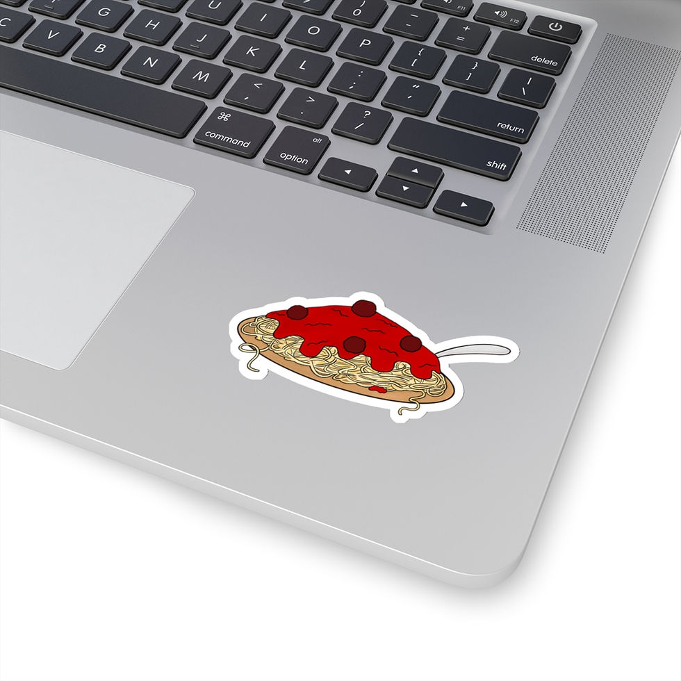 Thumbnail: Kiss-cut sticker of spaghetti and meatballs on a plate with a fork. Sticker has a white border. Placed on a laptop.