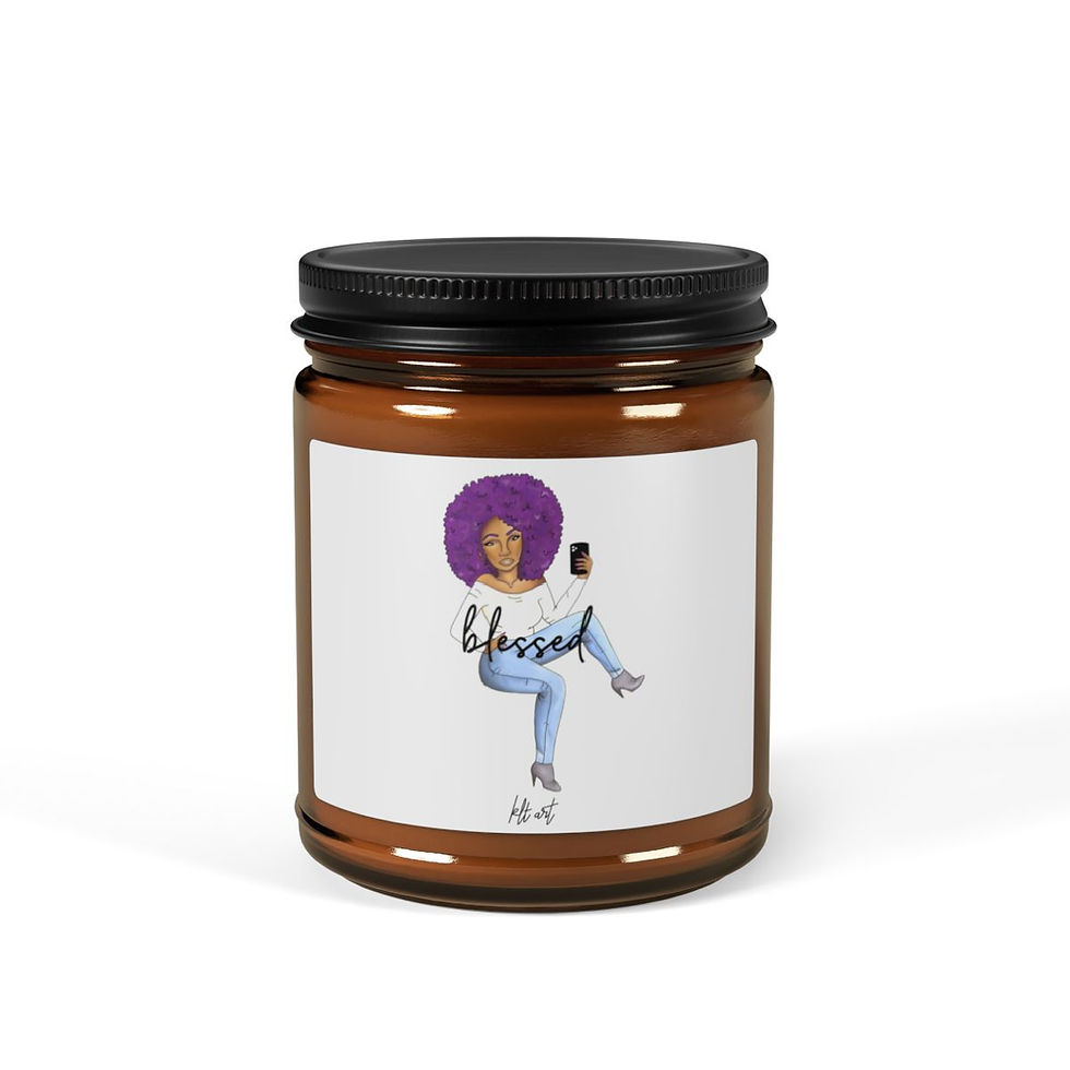 Thumbnail: closed lid scented soy candle with woman on front with text "Blessed". has a cotton wick and is open