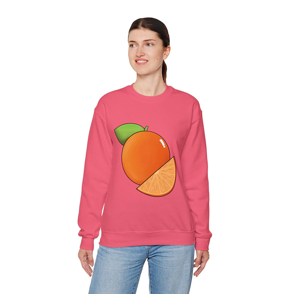 Thumbnail: Woman wearing long sleeved pink unisex sweatshirt with illustration drawing of an orange fruit