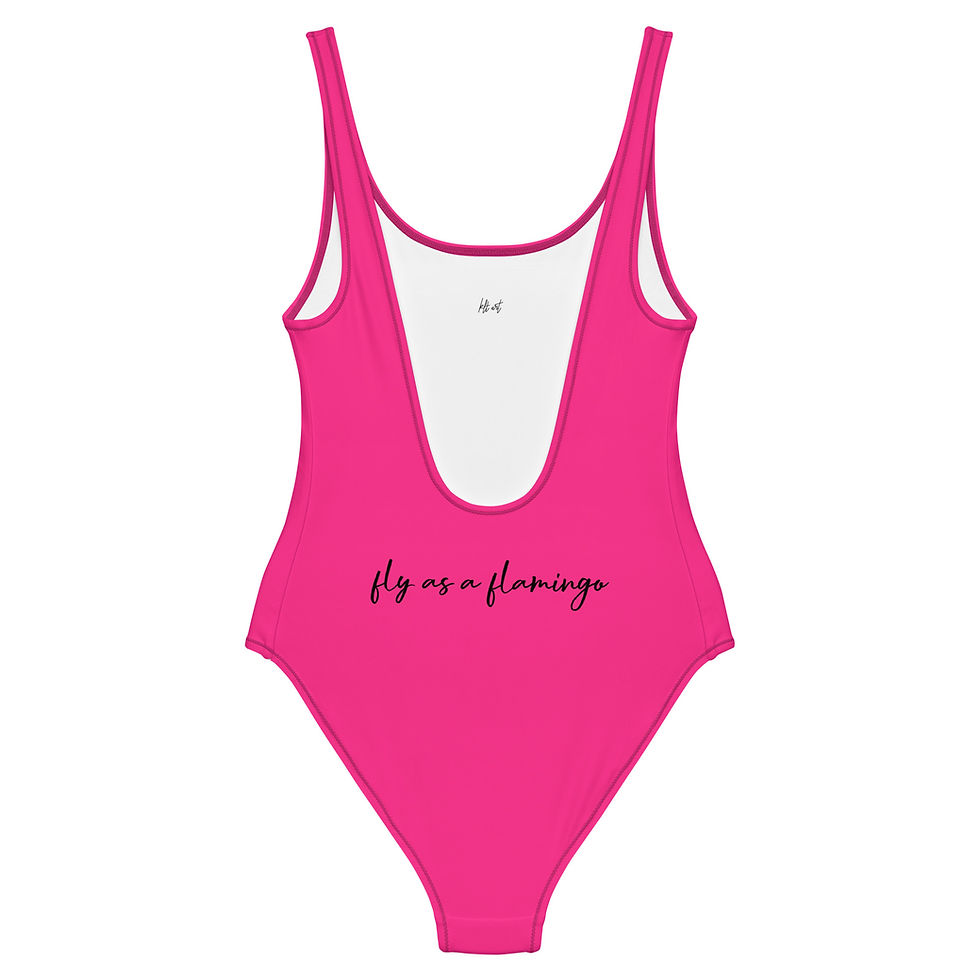 Thumbnail: Back of hot pink flamingo one piece swimsuit with text fly as a flamingo