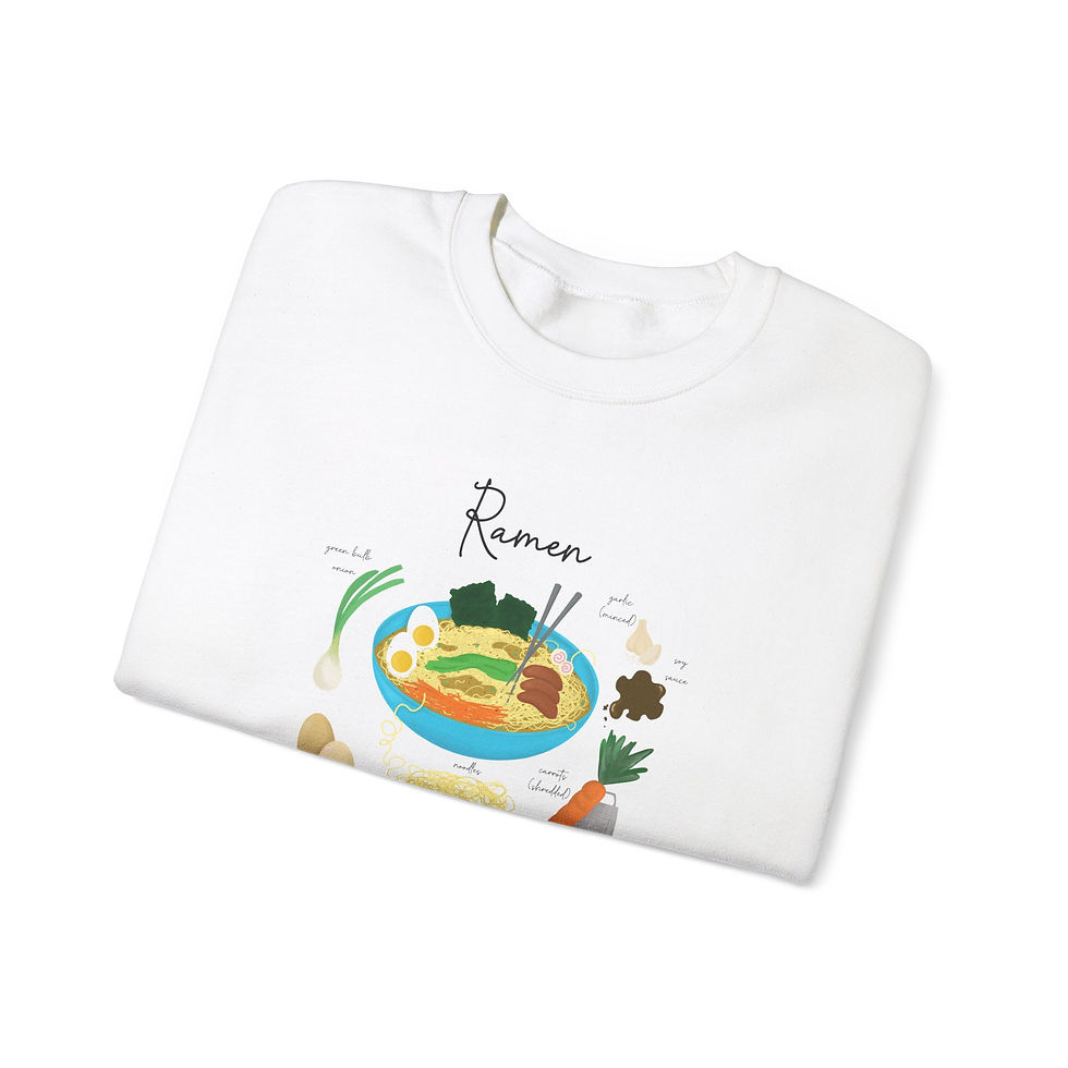 Thumbnail: Folded close up of long sleeve white unisex sweatshirt with ramen recipe instructions