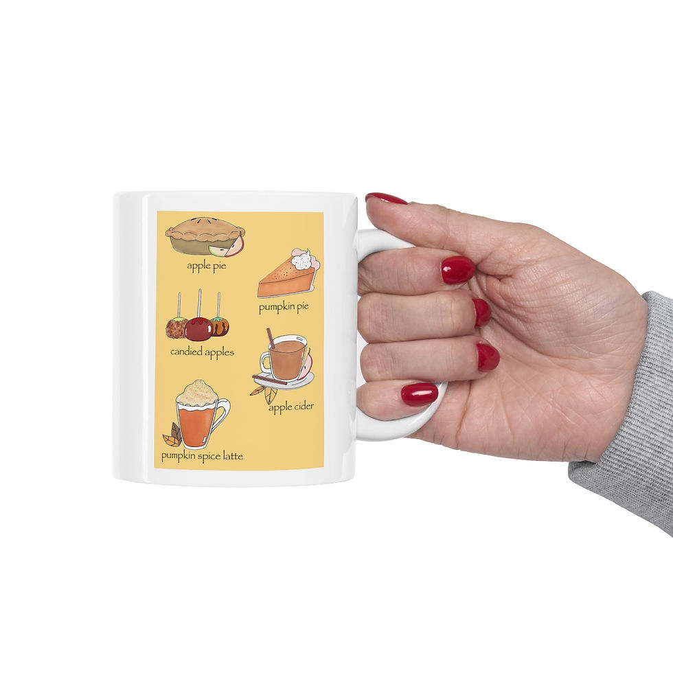 Thumbnail: ceramic mug with handle of a fall themed mug with autumn treats of apple pie, pumpkin pie, apple cider, candied apples, latte