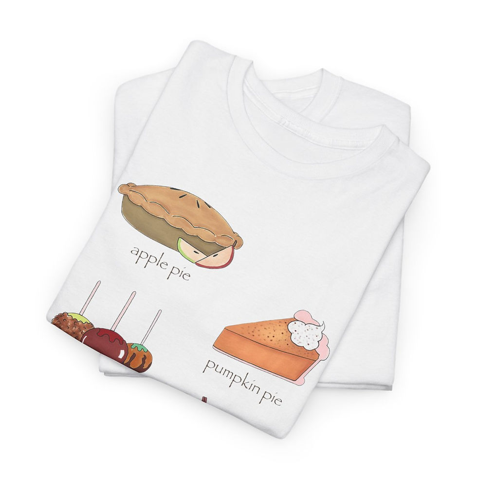 Thumbnail: short sleeve white cotton graphic t-shirt of fall desserts; pumpkin pie, apple pie, pumpkin latte, candied apples, and cider
