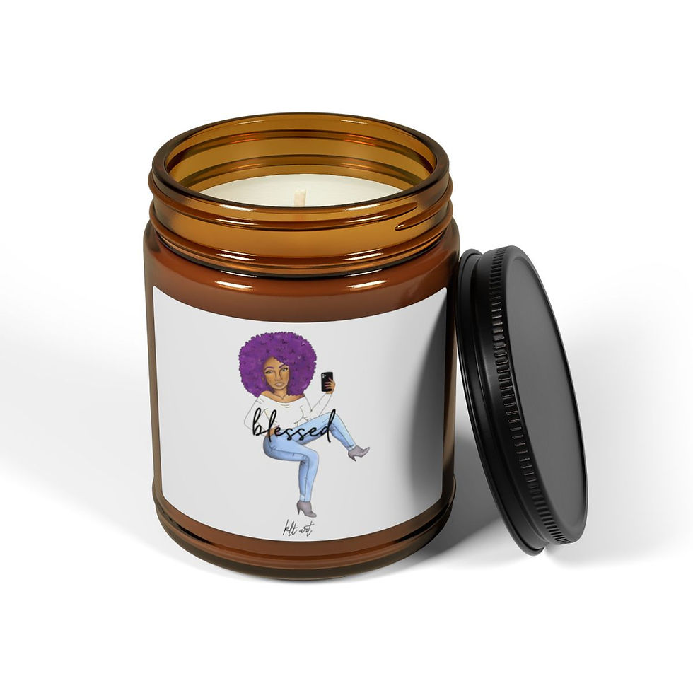 Thumbnail: open and lit scented soy candle with woman on front with text "Blessed". has a cotton wick and is open
