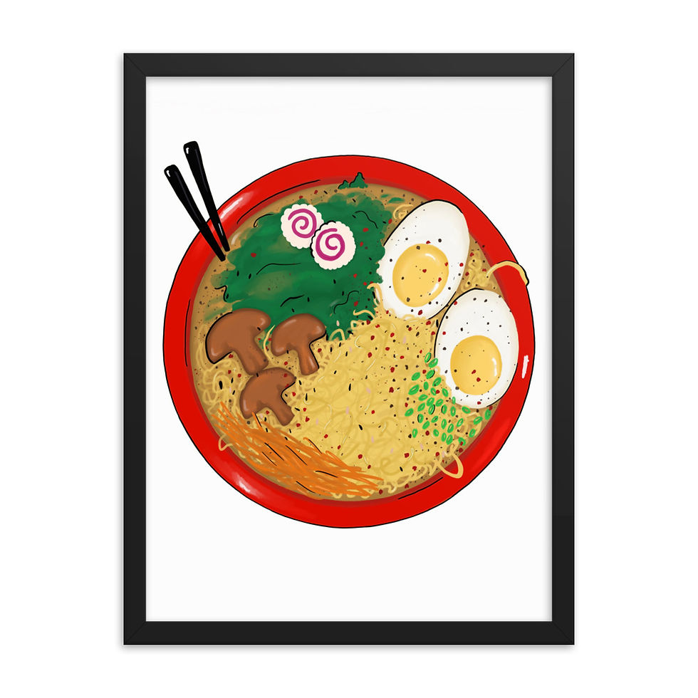 Black wood framed illustration of a red bowl of ramen with chopsticks, eggs, noodles, mushrooms in broth