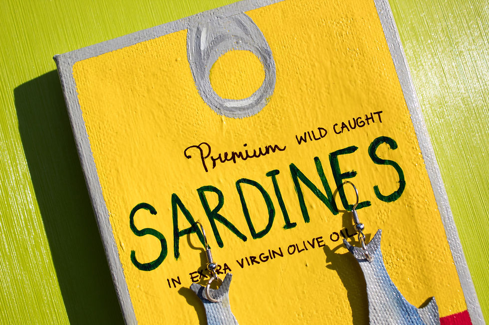 Thumbnail: Handmade colorful kitschy tinned fish earrings of sardines with a unique tin earring display holder