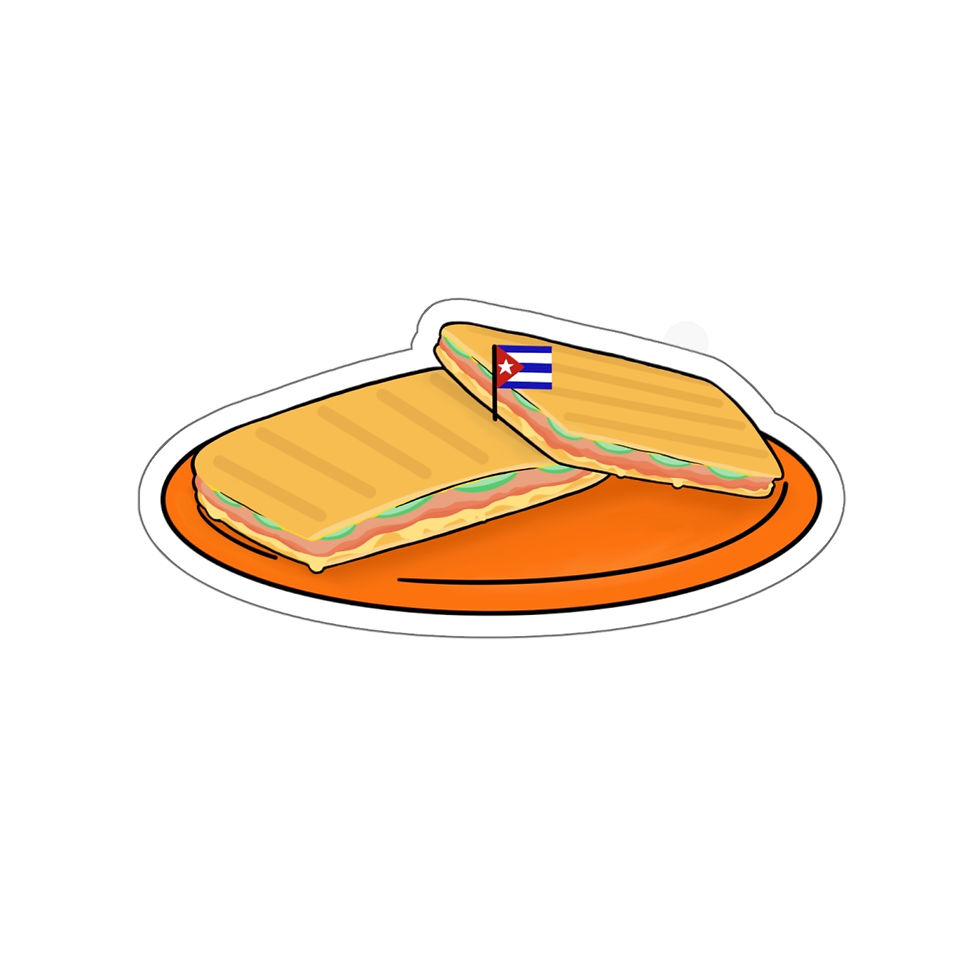 Thumbnail: Water-resistant die-cut sticker of a Cuban sandwich on a plate with a Cuba flag