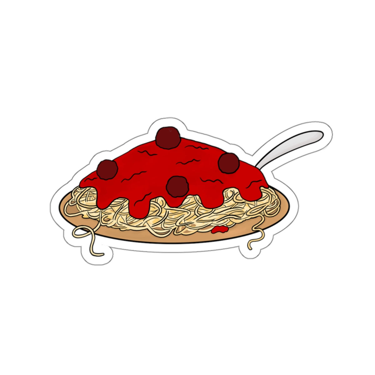 Kiss-cut sticker of spaghetti and meatballs on a plate with a fork. Sticker has a white border