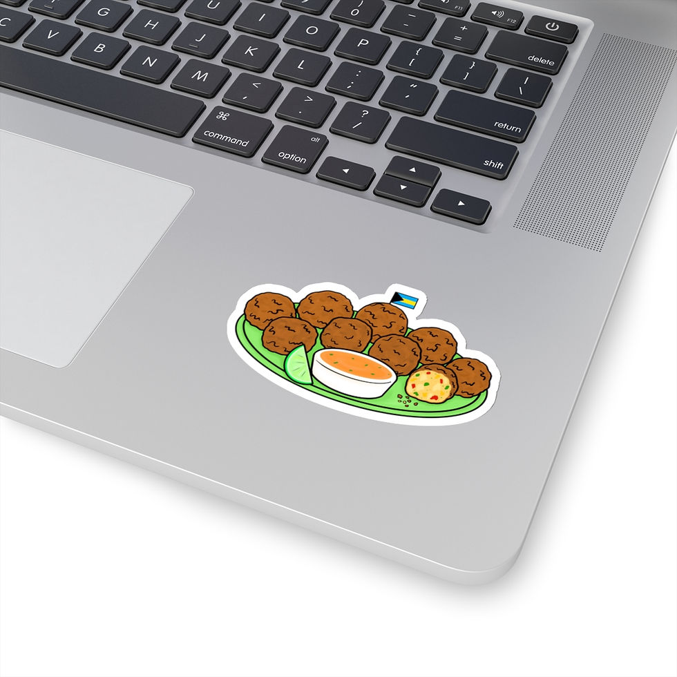 Thumbnail: Kiss-cut sticker of Bahamian conch fritters with a Bahamas flag and a small cup of calypso sauce. Sticker is non waterproof