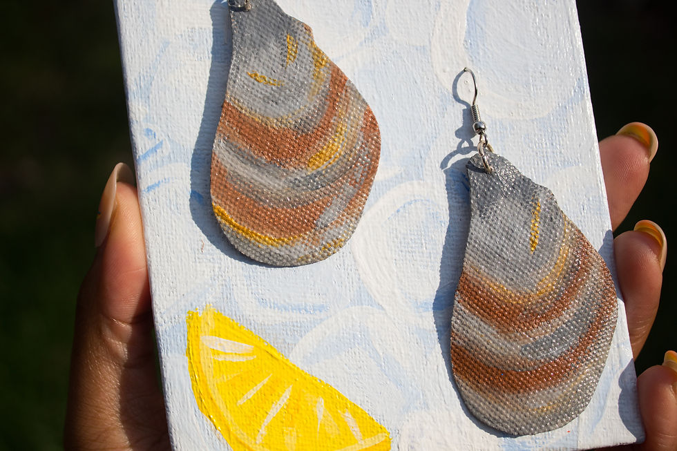 Thumbnail: Oyster seafood shellfish handmade statement earrings on an ice and lemon earring holder