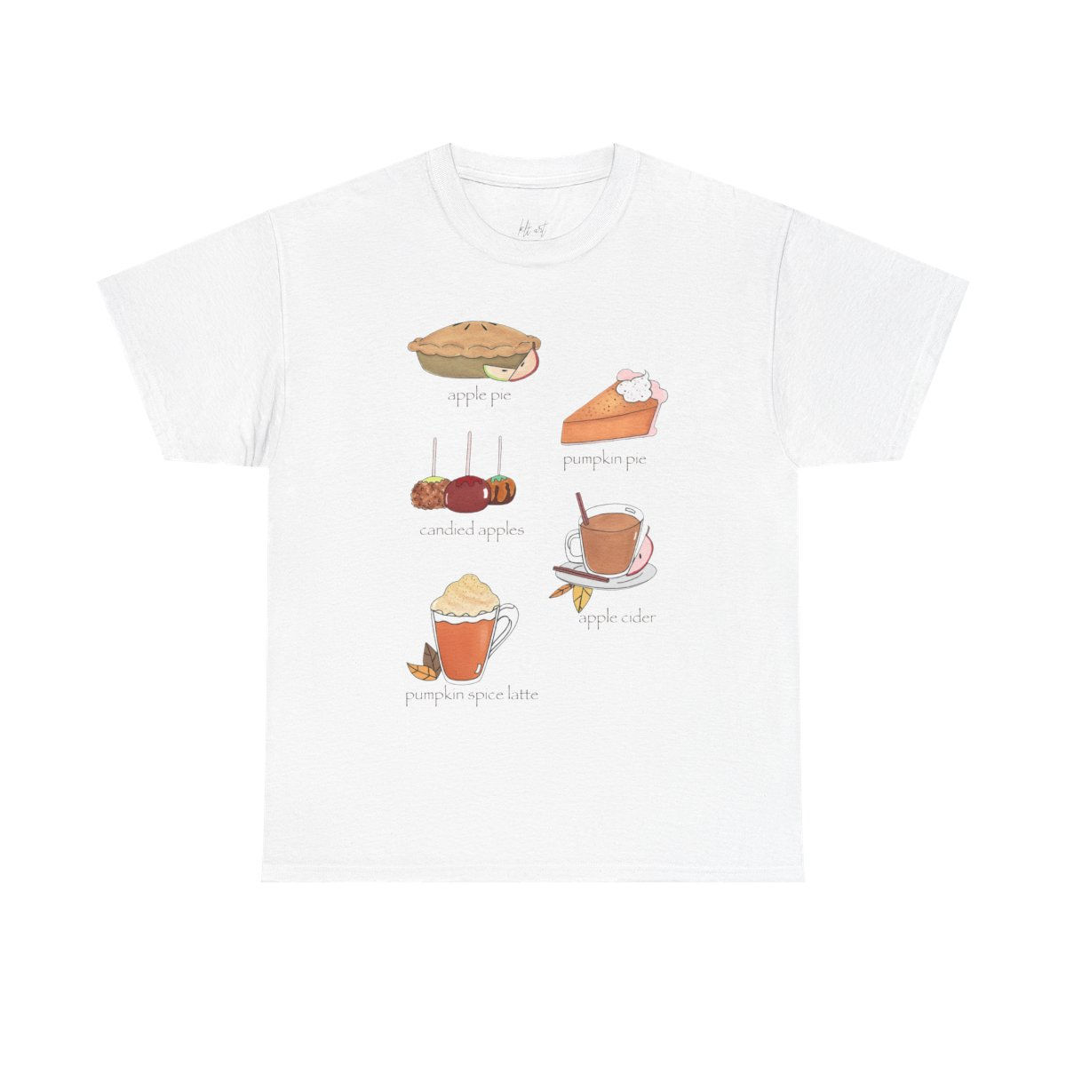 short sleeve white cotton graphic t-shirt of fall desserts; pumpkin pie, apple pie, pumpkin latte, candied apples, and cider