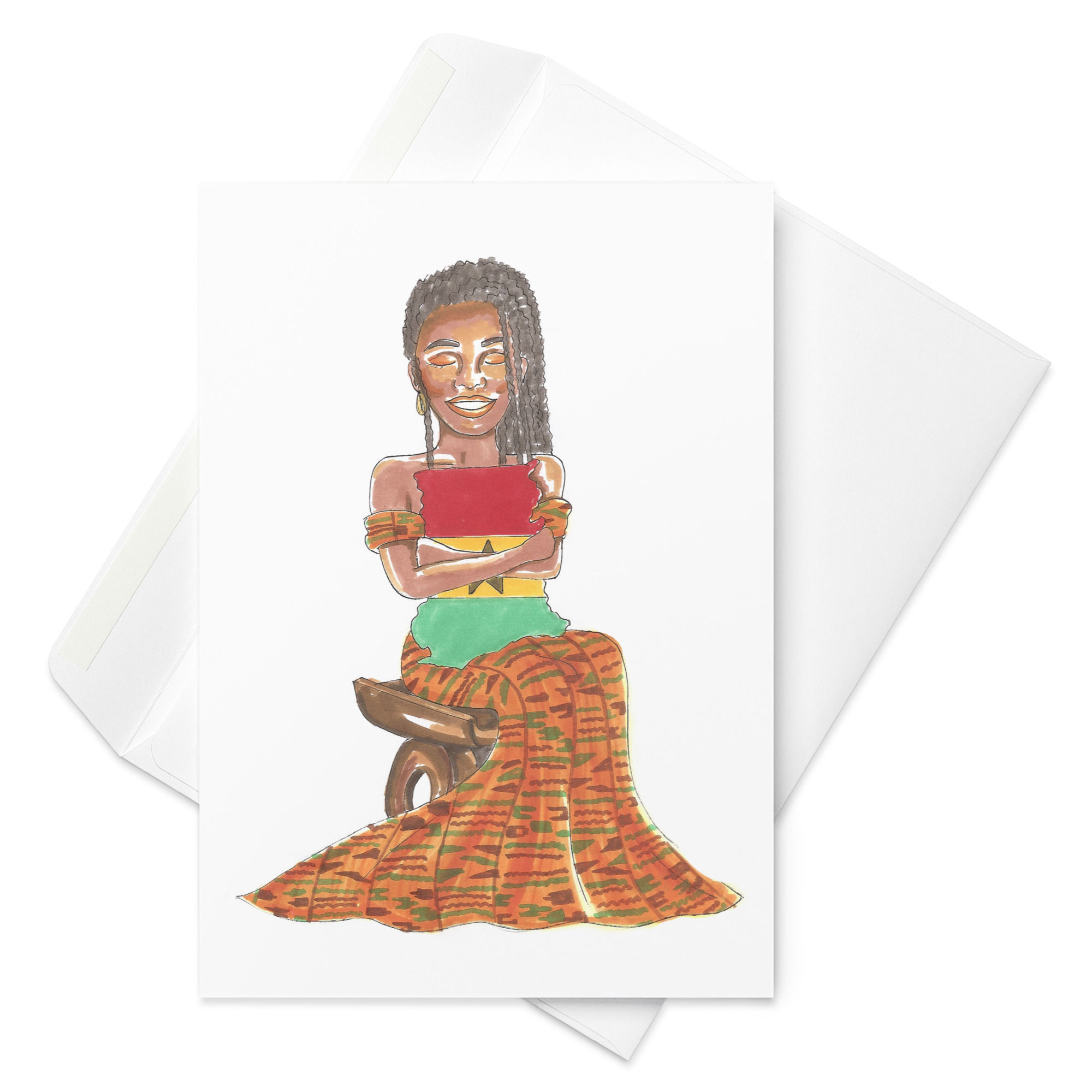 Greeting card of woman holding the country Ghana wearing a kente cloth dress