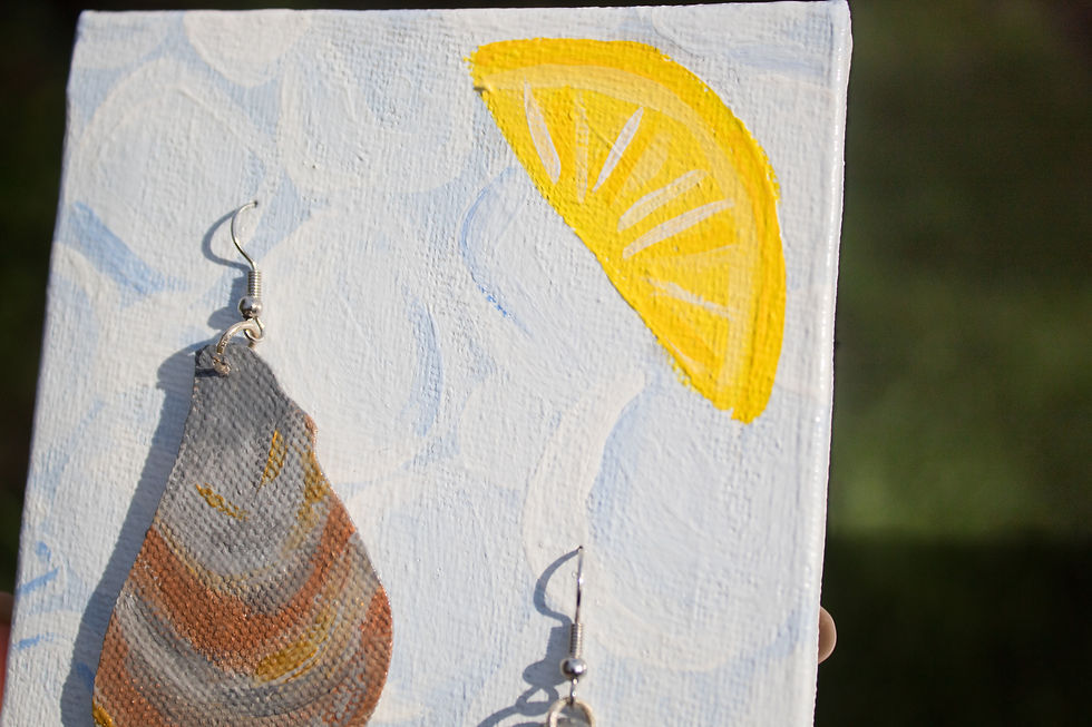 Thumbnail: Oyster seafood shellfish handmade statement earrings on an ice and lemon earring holder