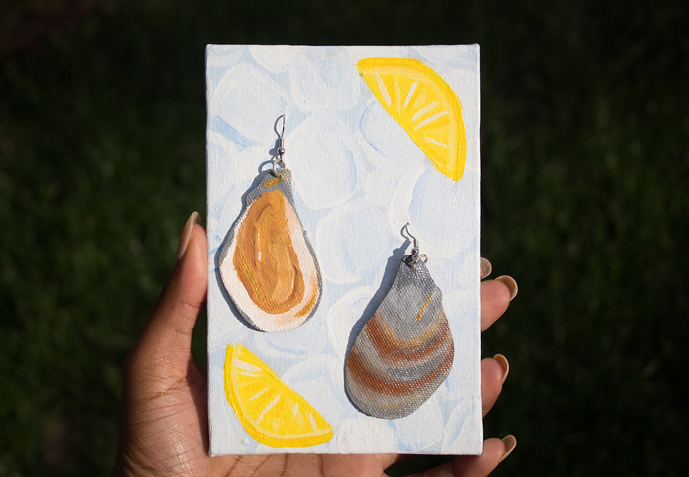 Thumbnail: Oyster seafood shellfish handmade statement earrings on an ice and lemon earring holder