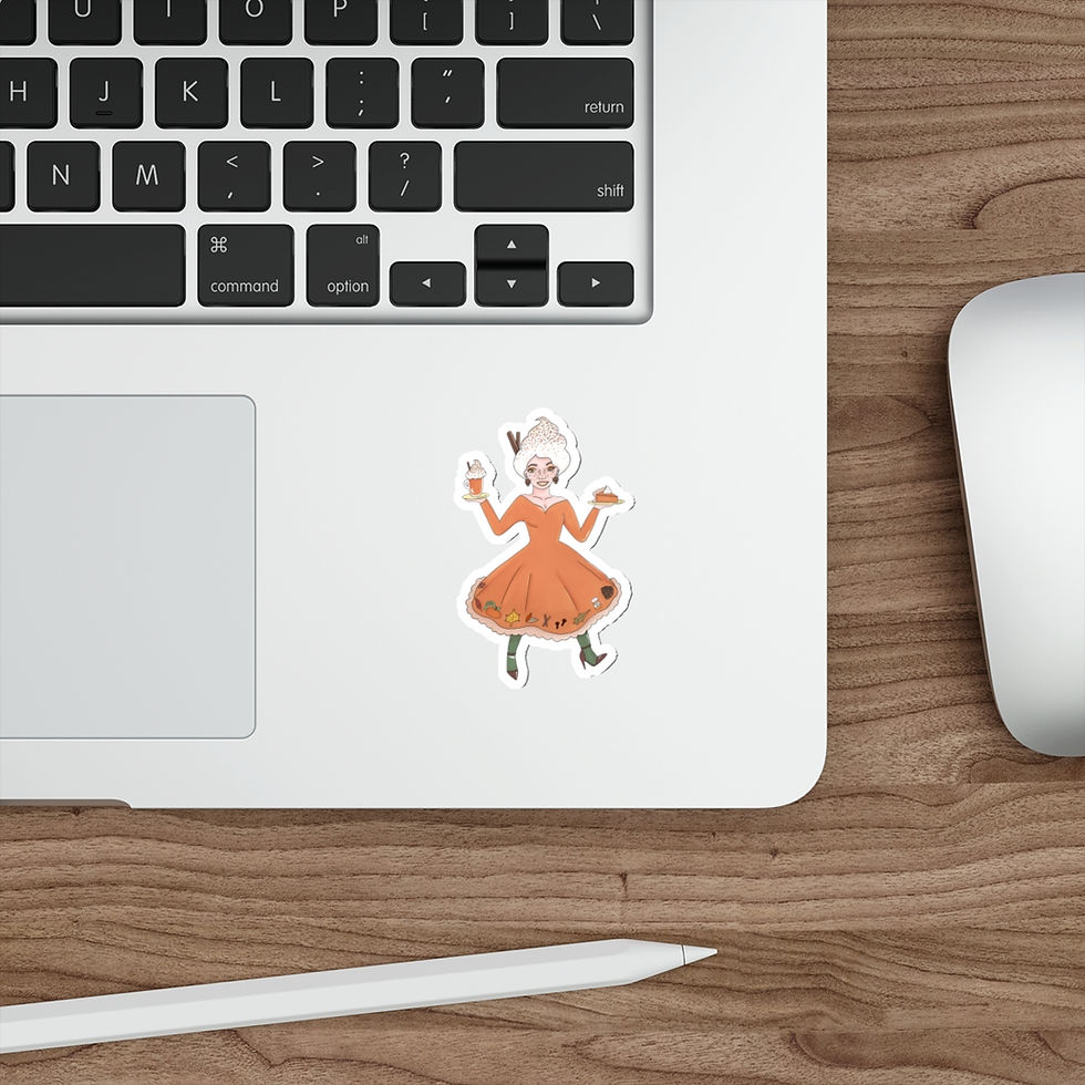 Thumbnail: die cut, water resistant sticker of a woman dressed in a burnt orange dress as "pumpkin spice" holding a latte and a pie