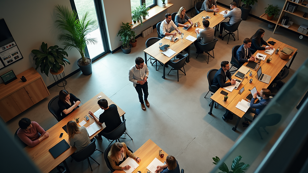 High angle view of a bustling co-working space