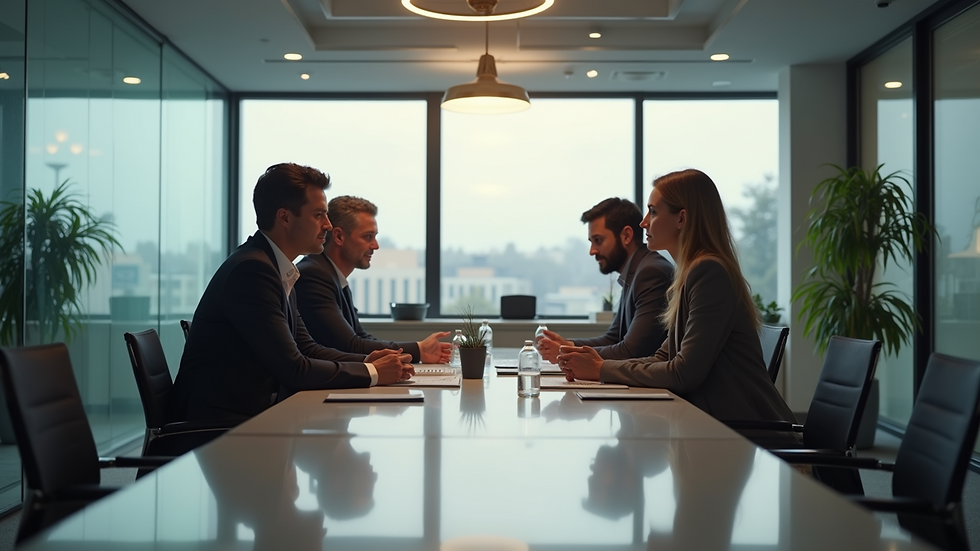 Eye-level view of a modern office space with mentors discussing strategies