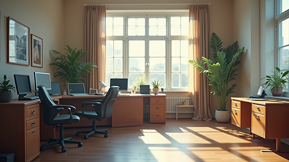 Wide angle view of a peaceful office environment conducive for learning and mentoring