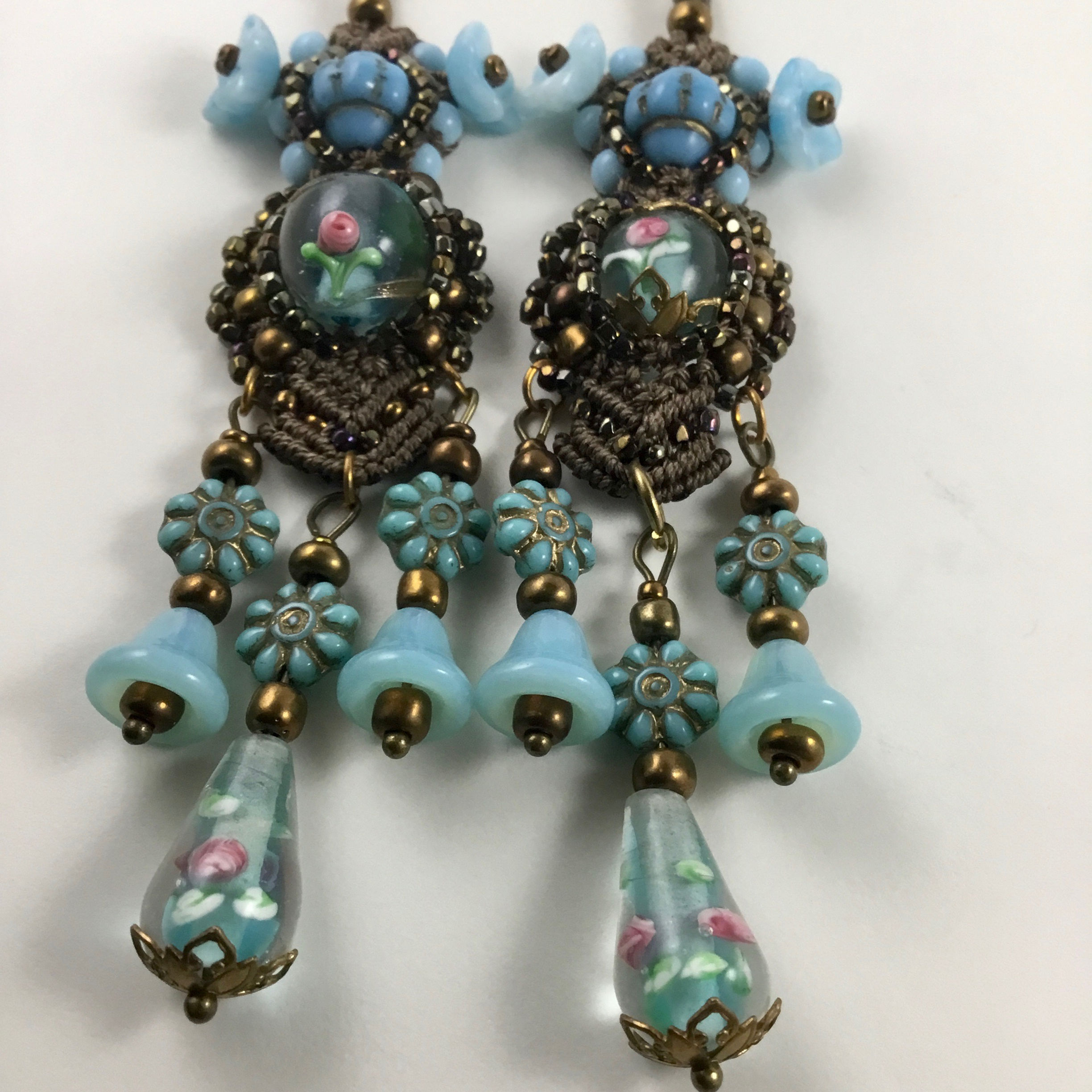 Victorian Floral macrame earrings with floating rose drops.