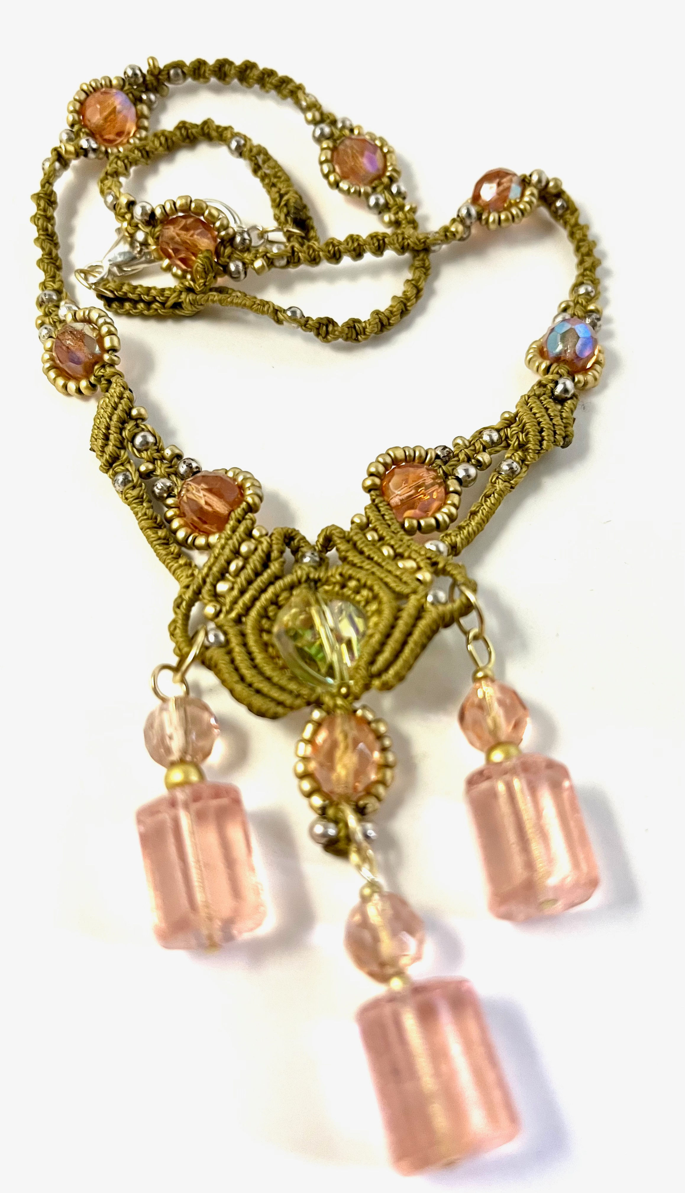 Macrame necklace, victorian boho style with antique rose beads.